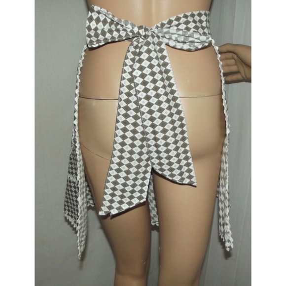Vintage Apron Brown White Geometric Diamond Print rick rack trim pockets tie bac - Picture 4 of 11